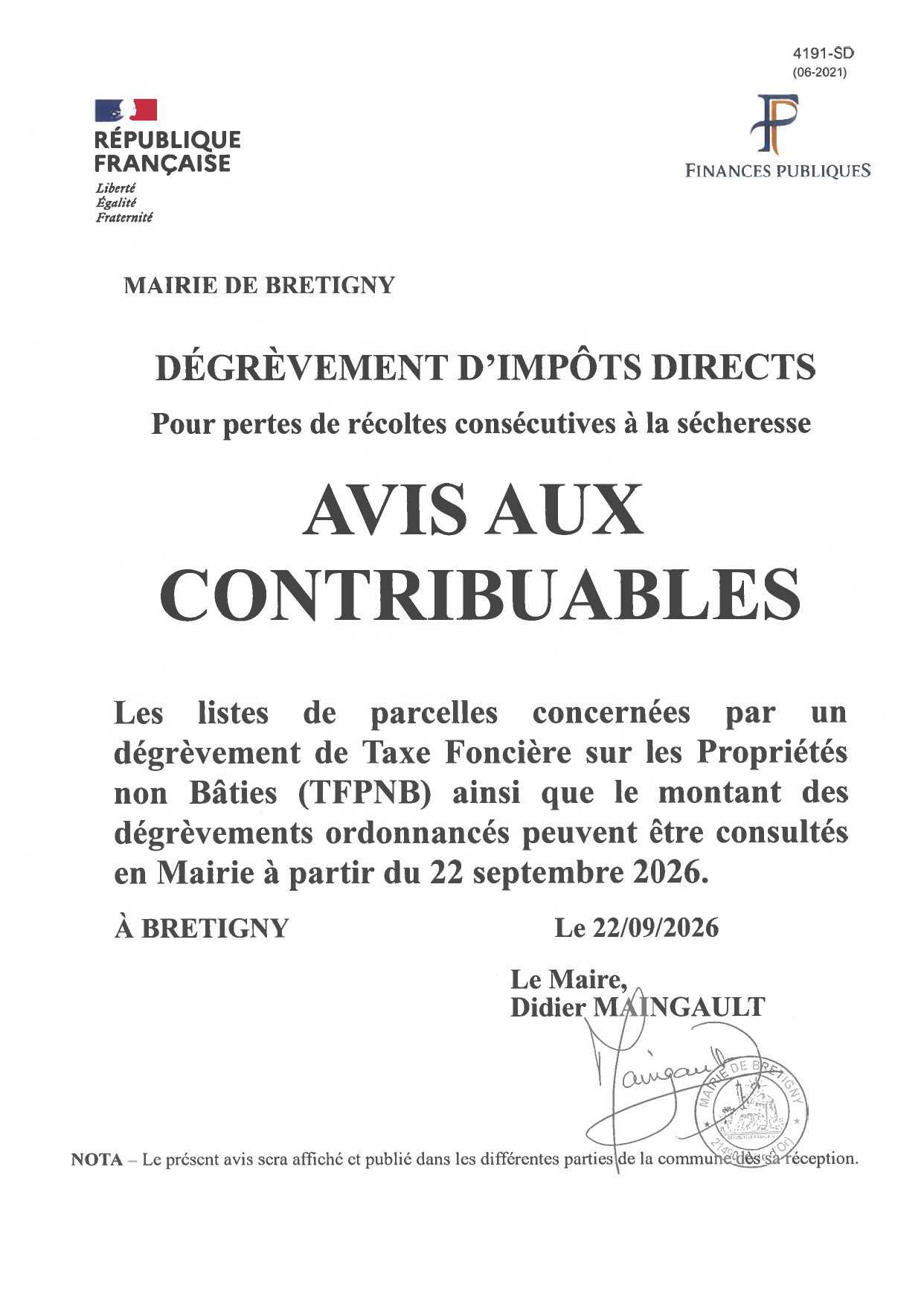 Avis de dégrèvement 2026